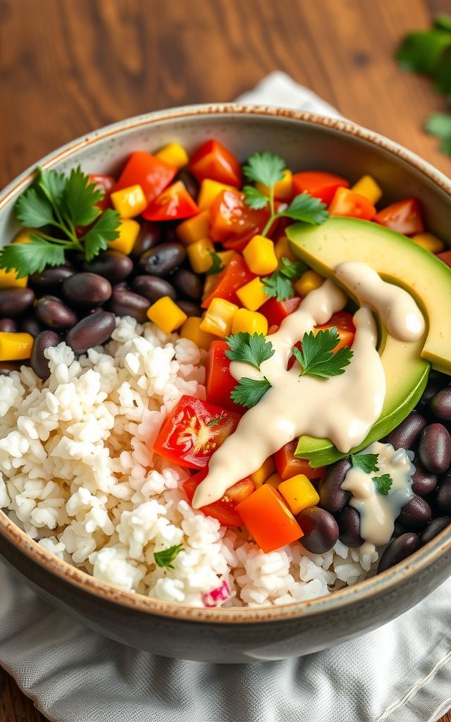 Vegane Burrito-Bowl mit schwarzen Bohnen