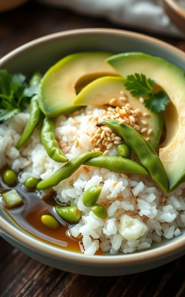 Edamame-Reis-Bowl mit Ingwer-Soja-Dressing