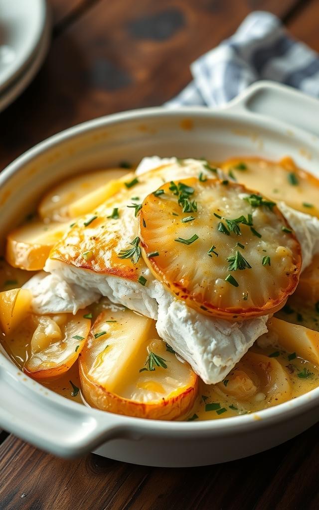 Fish and Potato Gratin with Mustard Cream