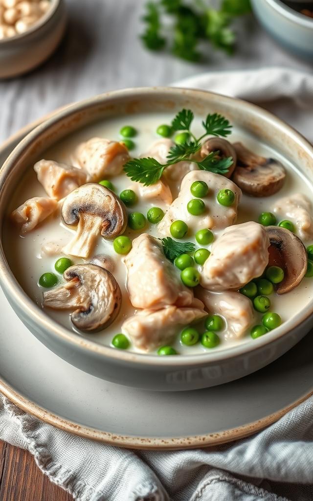 Hühnerfrikassee mit Erbsen und Champignons