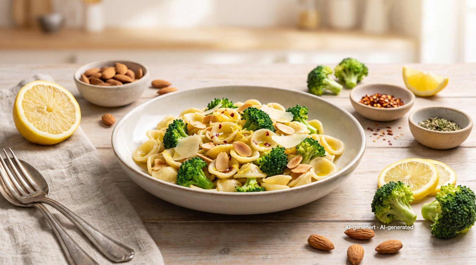 Pasta met broccoli en amandelen