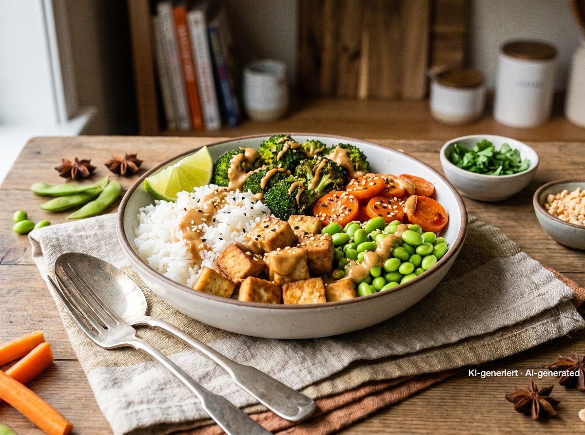 Buddha bowl con salsa de cacahuete