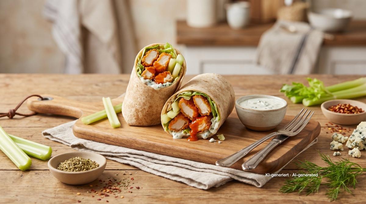 Wraps met buffalo chicken – Recept en afbeelding gemaakt met AI, redactioneel gecontroleerd