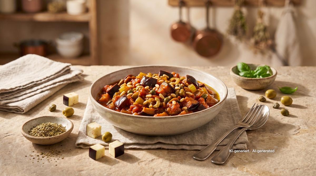 Caponata — Siciliaanse gestoofde groenten – Recept en afbeelding gemaakt met AI, redactioneel gecontroleerd