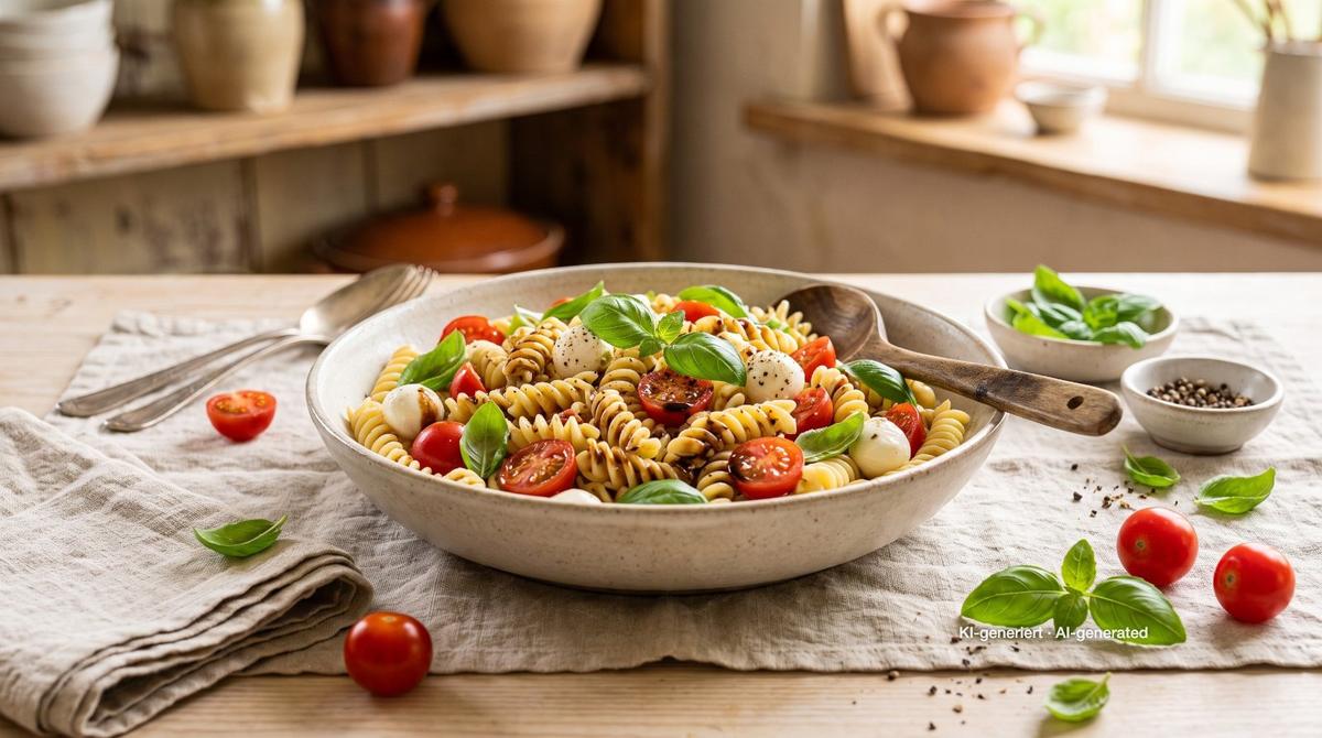 Sałatka makaronowa caprese z pomidorkami i mozzarellą