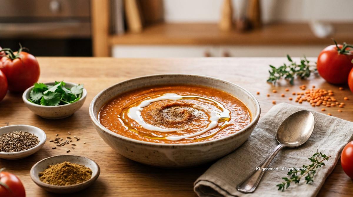 Romige tomaten-linzensoep – Recept en afbeelding gemaakt met AI, redactioneel gecontroleerd