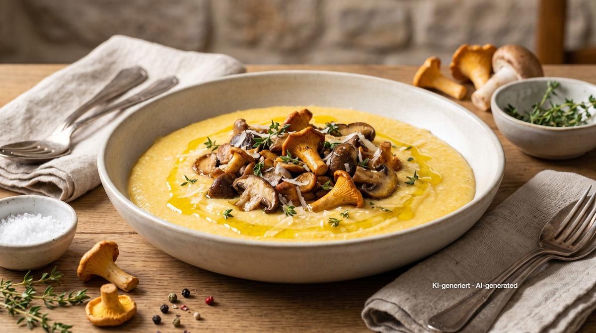 Kremowa polenta z grzybami – Rezept und Bild mit KI erstellt, redaktionell geprüft