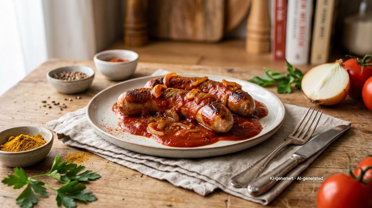 Currywurst (Duitse snackklassieker) met zelfgemaakte saus – Recept en afbeelding gemaakt met AI, redactioneel gecontroleerd
