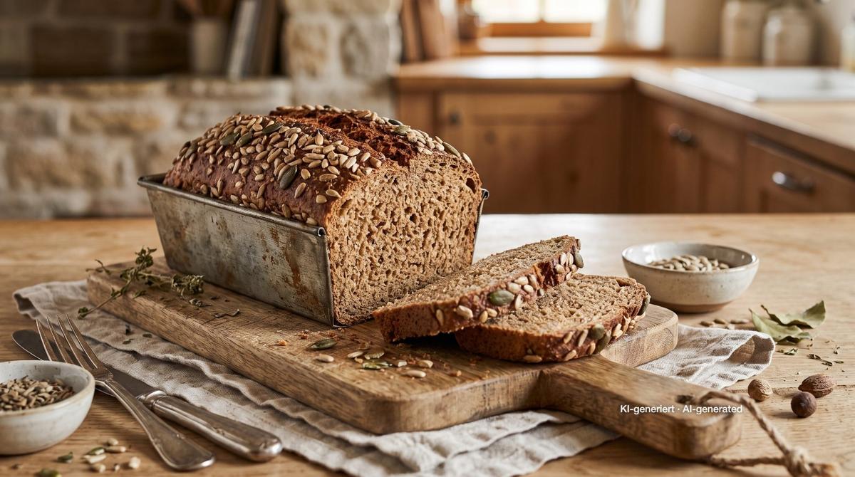 Dinkel-Vollkornbrot mit Saaten – Rezept und Bild mit KI erstellt, redaktionell geprüft