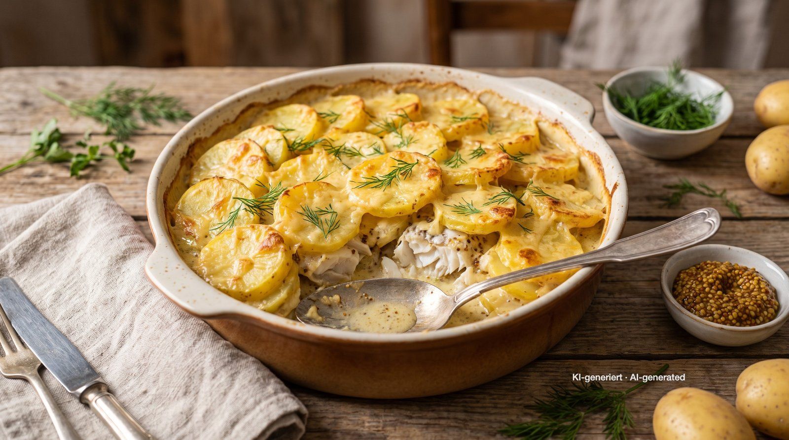Fish and Potato Gratin with Mustard Cream