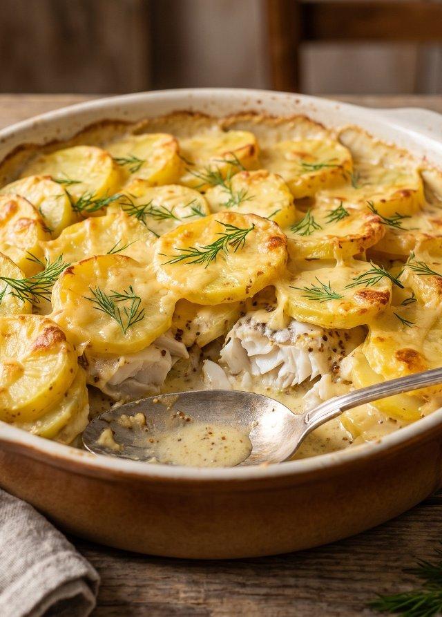 Fish and Potato Gratin with Mustard Cream
