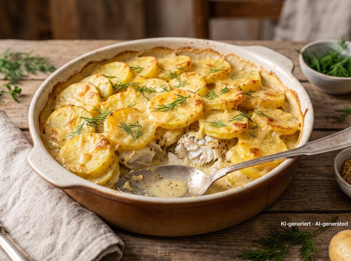 Fish and Potato Gratin with Mustard Cream