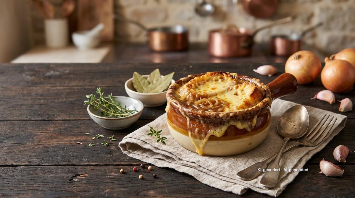 Francouzská cibulová polévka – Recept a obrázek vytvořeny pomocí AI, redakčně zkontrolovány