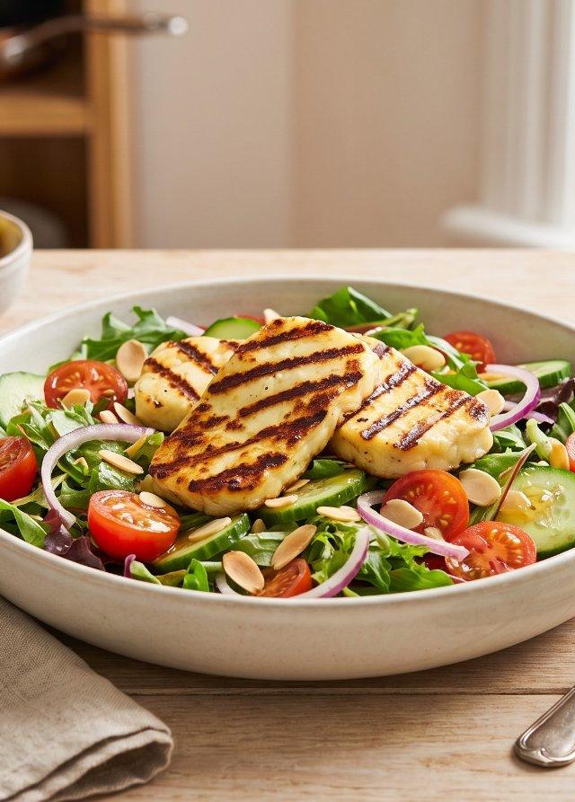 Salade de halloumi grillé, vinaigrette miel-citron