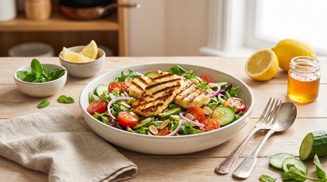 Gegrillter Halloumi-Salat mit Honig-Zitronen-Dressing