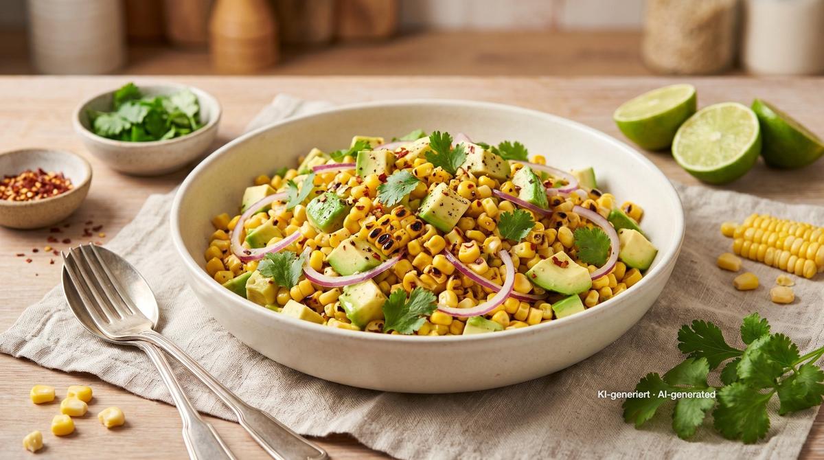 Gerösteter Mais-Avocado-Salat mit Limette – Rezept und Bild mit KI erstellt, redaktionell geprüft