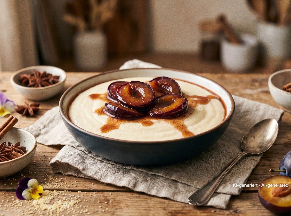 Semolina Pudding with Stewed Plums