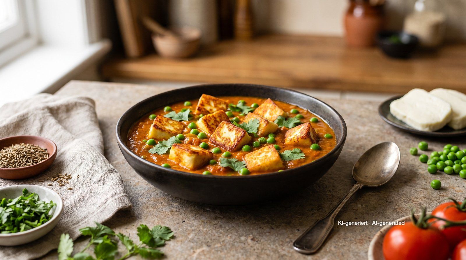 Halloumi-Curry mit Erbsen