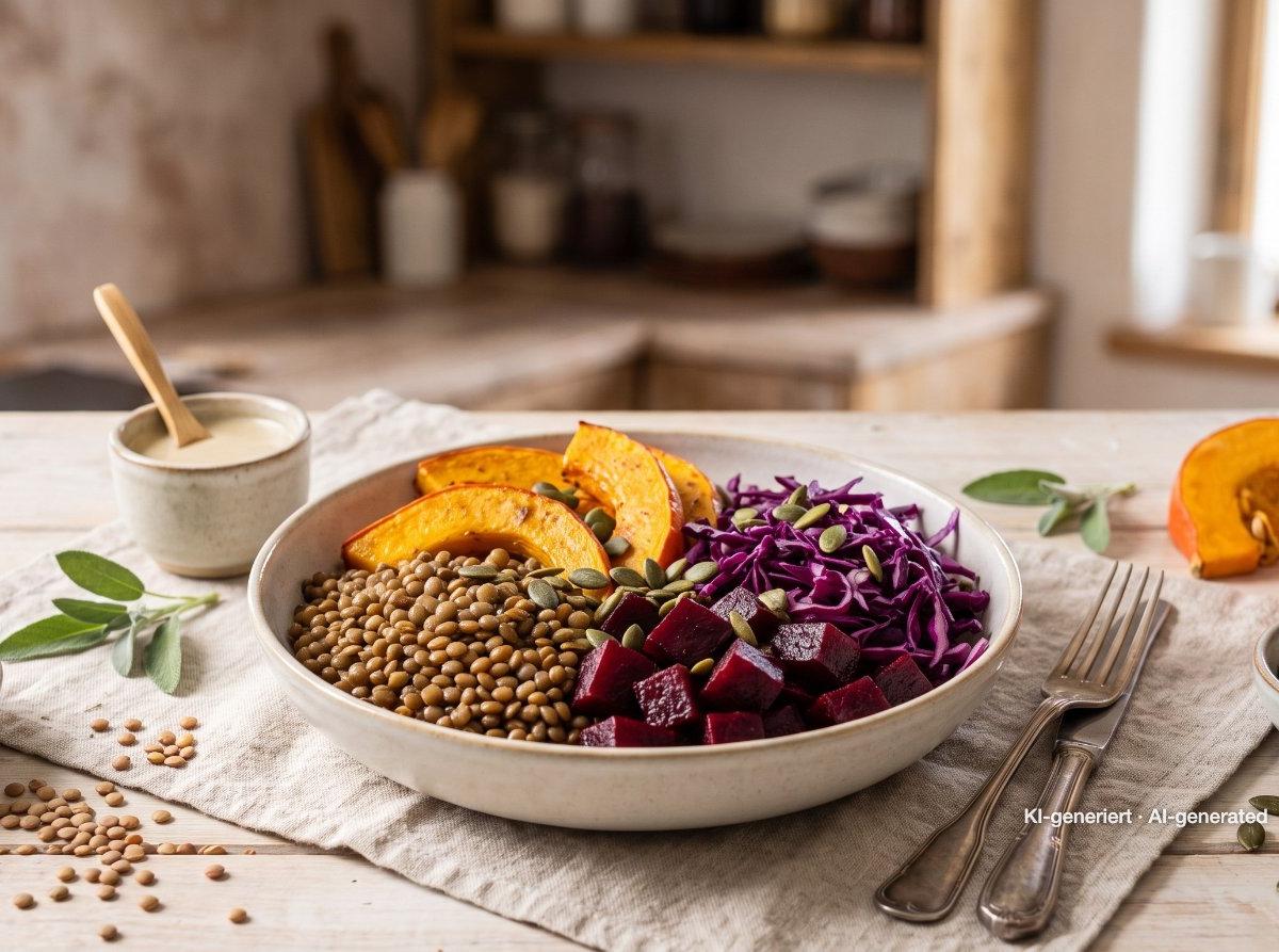 Bol otoñal de lentejas para meal prep