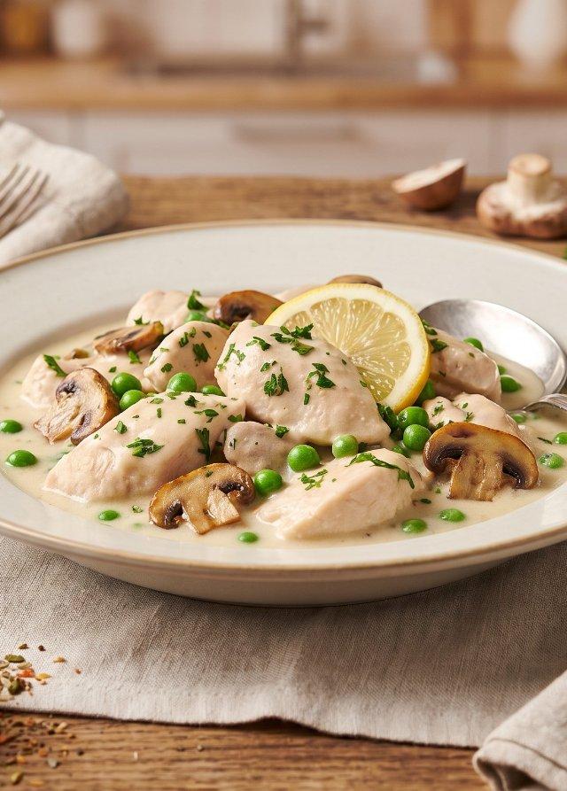 Hühnerfrikassee mit Erbsen und Champignons