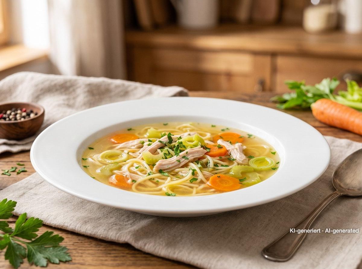 Sopa de pollo con fideos