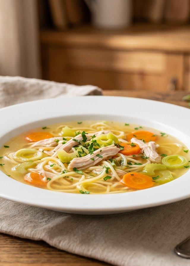 Sopa de pollo con fideos