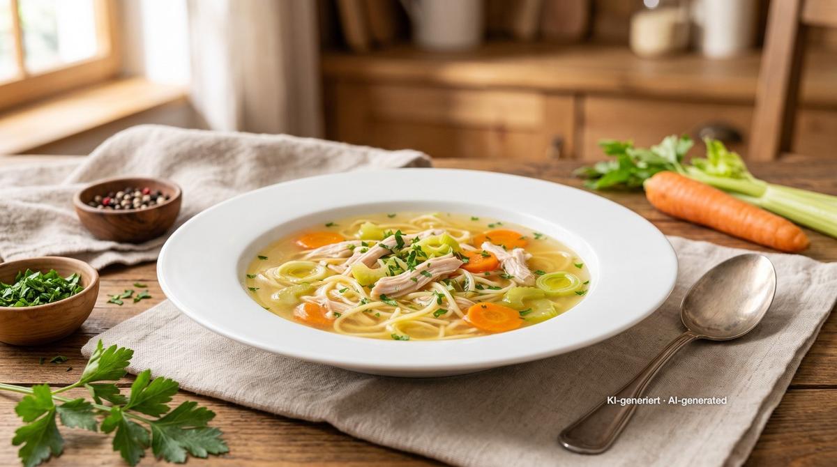 Hühnersuppe mit Nudeln – Rezept und Bild mit KI erstellt, redaktionell geprüft