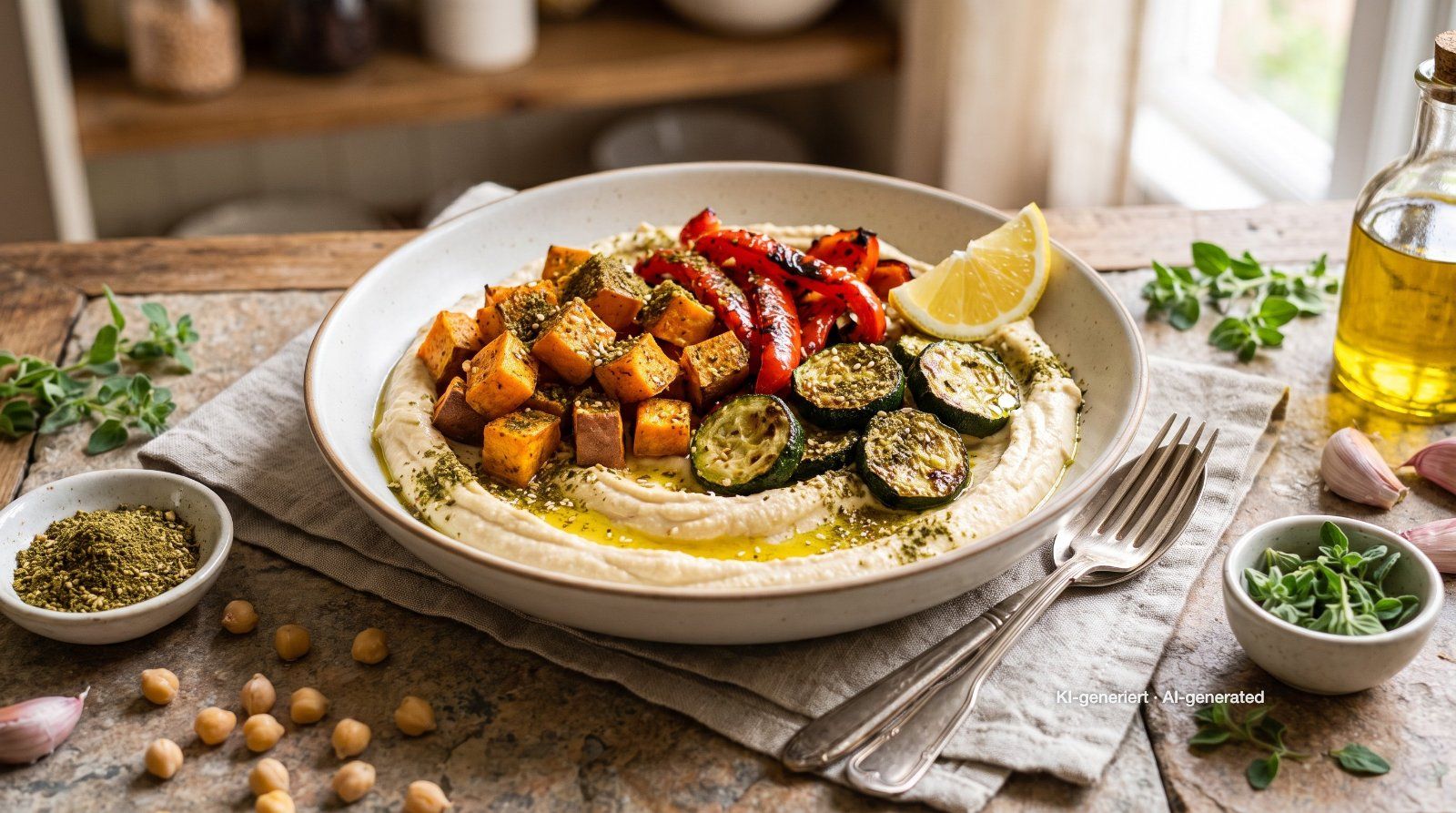 Bowl di hummus con verdure al forno allo za'atar