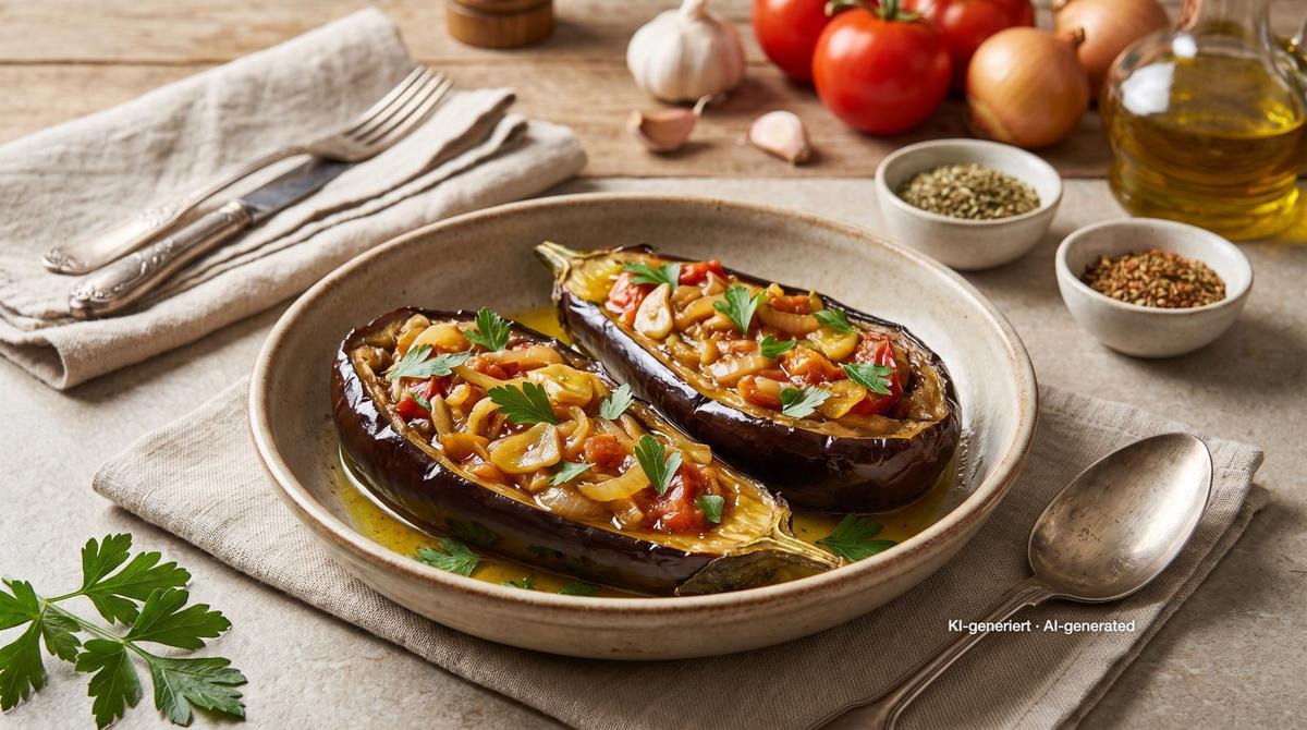 Imam Bayildi — gevulde aubergines – Recept en afbeelding gemaakt met AI, redactioneel gecontroleerd
