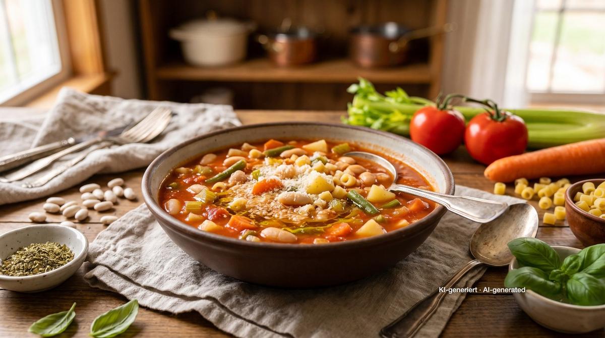 Italienische Minestrone mit weißen Bohnen – Rezept und Bild mit KI erstellt, redaktionell geprüft
