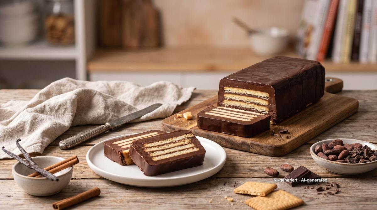 German No-Bake Chocolate Biscuit Cake – Recipe and image AI-created, editorially reviewed