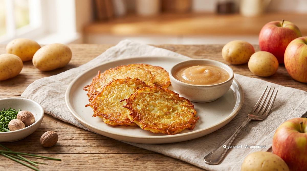Kartoffelpuffer mit Apfelmus – Rezept und Bild mit KI erstellt, redaktionell geprüft