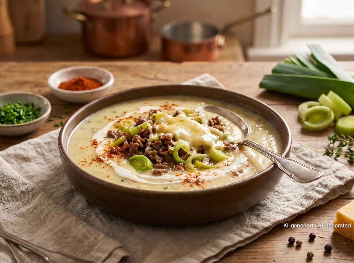 Sopa de puerro y queso con carne picada