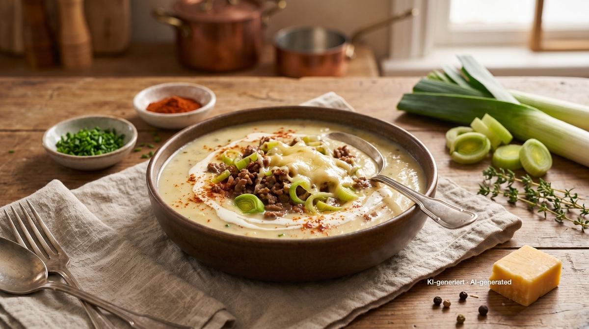 Cheesy Leek Soup with Ground Beef – Recipe and image AI-created, editorially reviewed