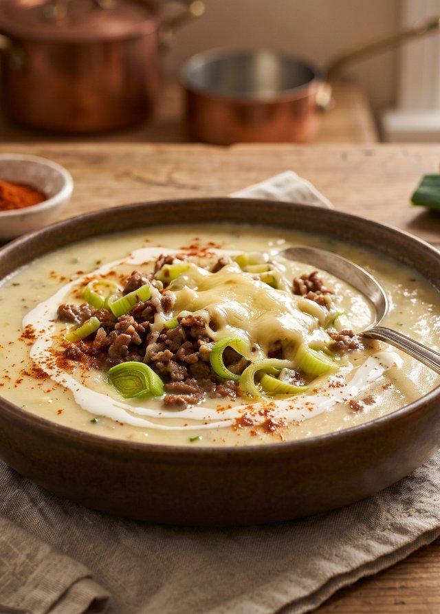 Cheesy Leek Soup with Ground Beef