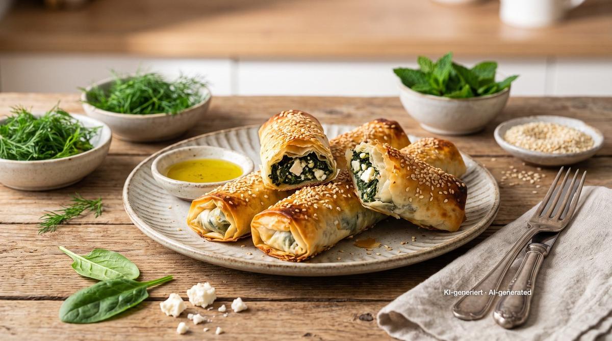 Knapperige börek met spinazie en feta – Recept en afbeelding gemaakt met AI, redactioneel gecontroleerd