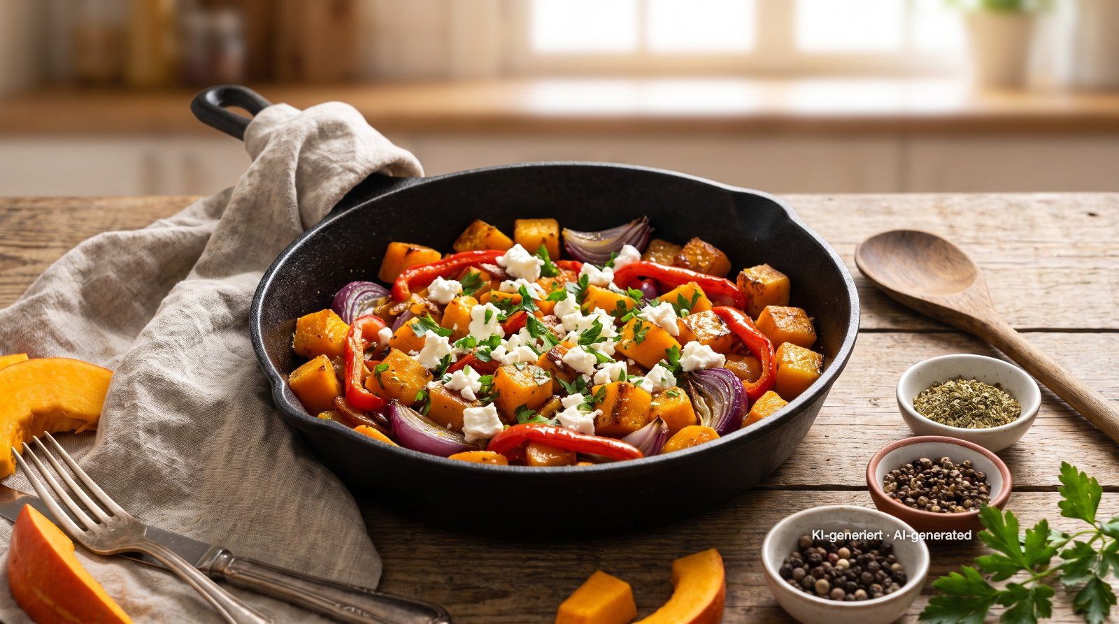Kürbis-Gemüse-Pfanne mit Feta