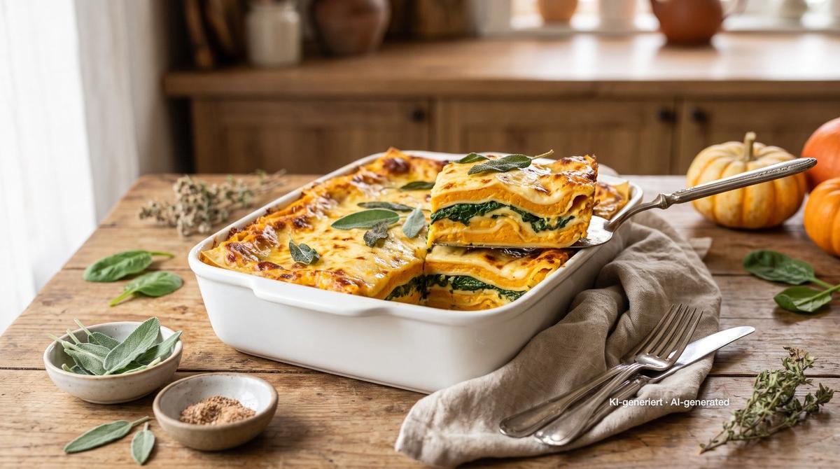 Pompoenlasagne met spinazie en salie – Recept en afbeelding gemaakt met AI, redactioneel gecontroleerd