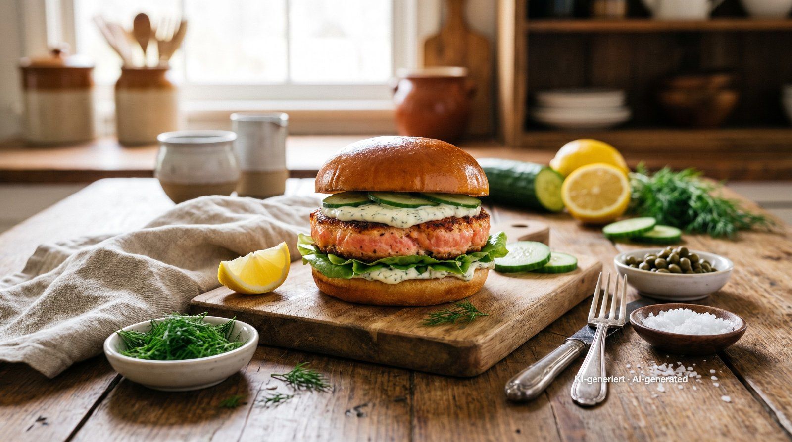 Lachs-Burger mit Zitronen-Dill-Creme