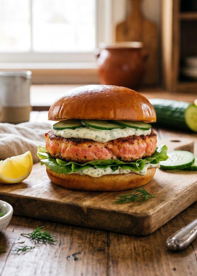 Lachs-Burger mit Zitronen-Dill-Creme