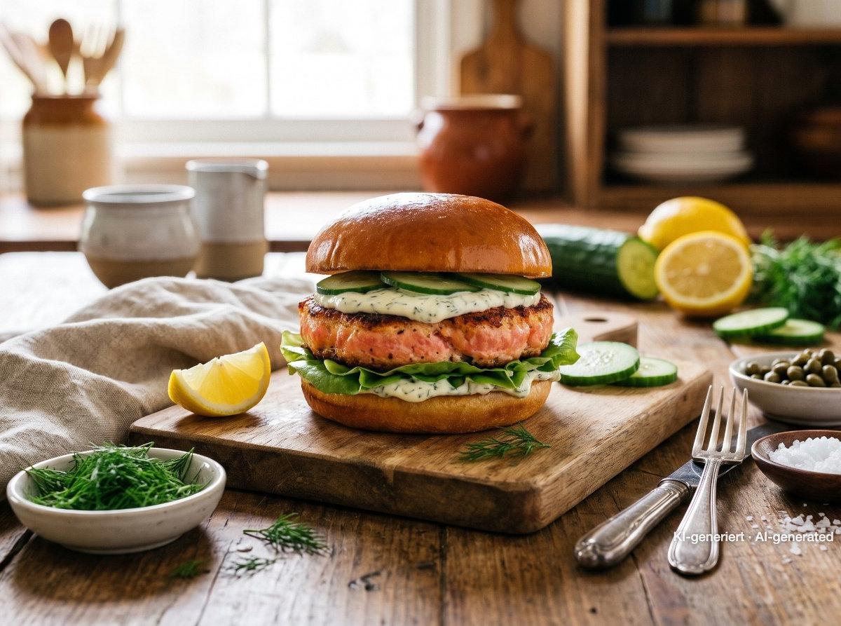 Salmon Burger with Lemon Dill Sauce