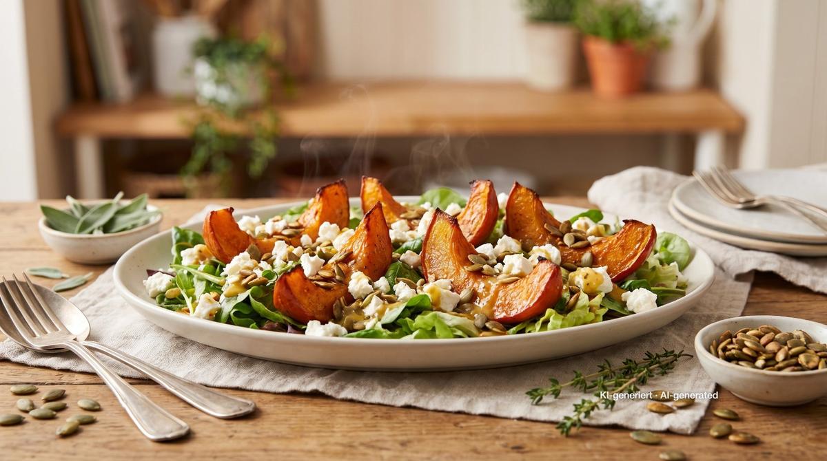 Lauwe salade met geroosterde pompoen en feta – Recept en afbeelding gemaakt met AI, redactioneel gecontroleerd