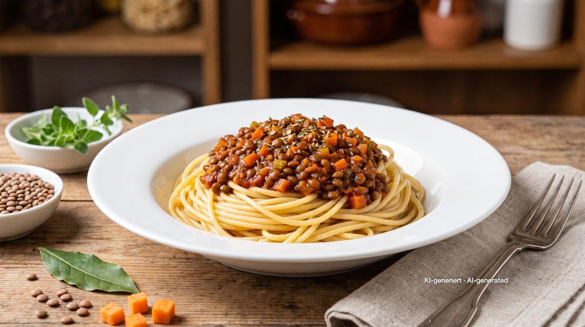 Linzenbolognese met spaghetti – Recept en afbeelding gemaakt met AI, redactioneel gecontroleerd