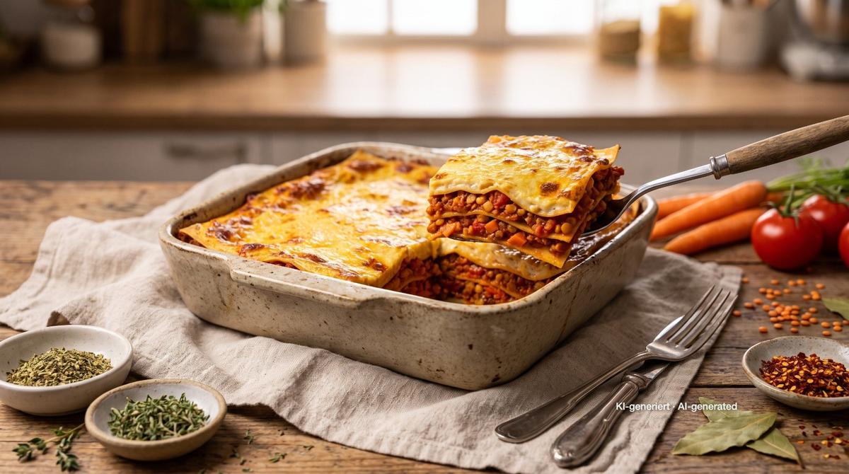 Lasagne met linzenbolognese – Recept en afbeelding gemaakt met AI, redactioneel gecontroleerd