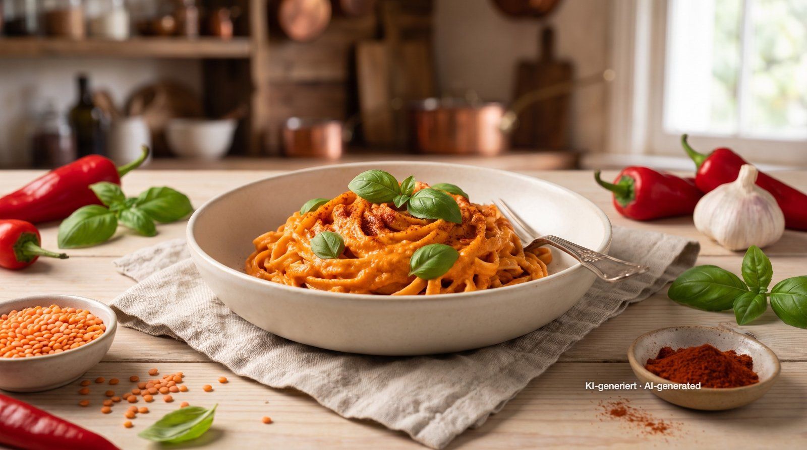 Linzenpasta met romige paprikasaus