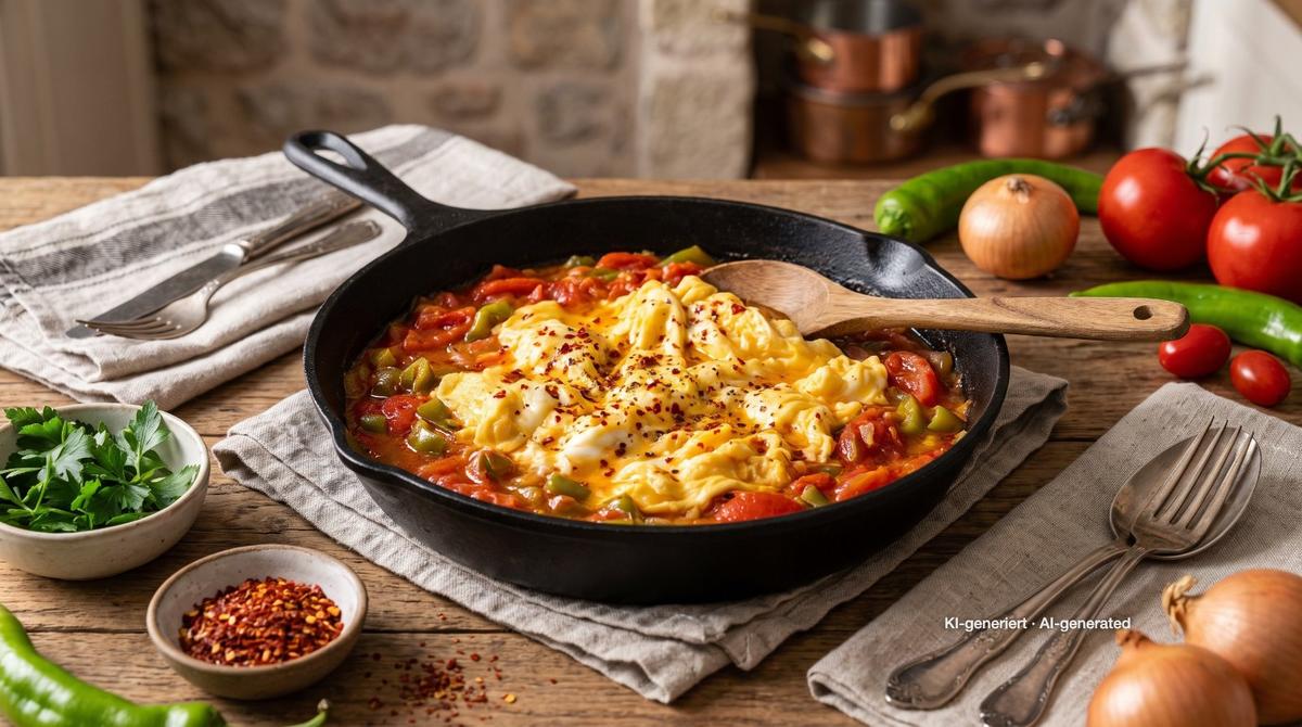 Menemen – Turks roerei met tomaten – Recept en afbeelding gemaakt met AI, redactioneel gecontroleerd