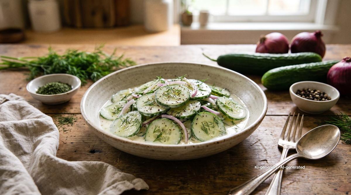 Oma's komkommersalade met dille – Recept en afbeelding gemaakt met AI, redactioneel gecontroleerd