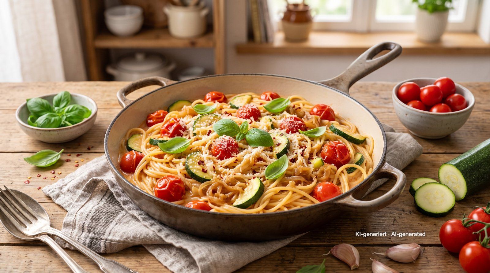 One-pot zomerpasta met courgette en cherrytomaten