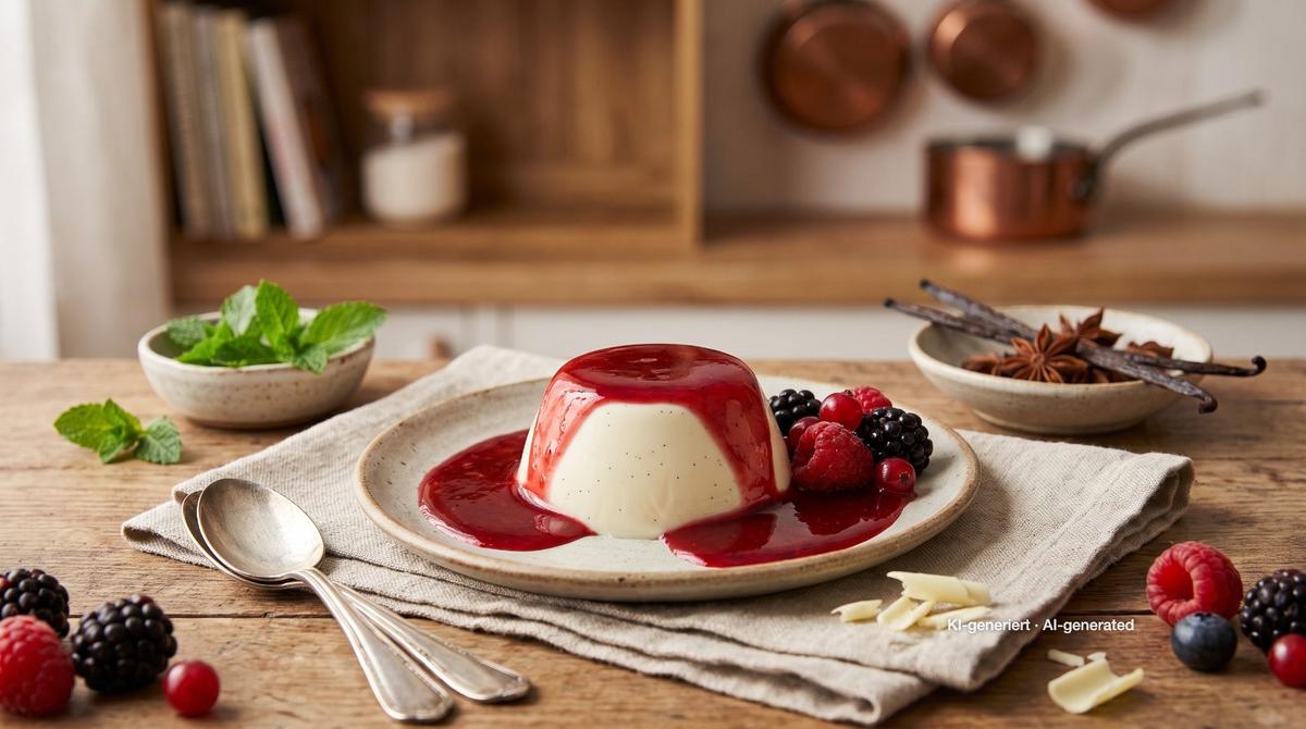 Panna cotta s omáčkou z lesního ovoce – Recept a obrázek vytvořeny pomocí AI, redakčně zkontrolovány