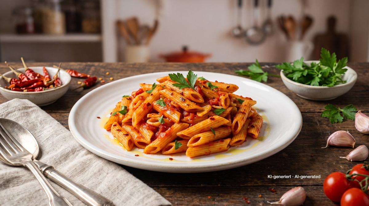 Penne all'arrabbiata – Recept en afbeelding gemaakt met AI, redactioneel gecontroleerd